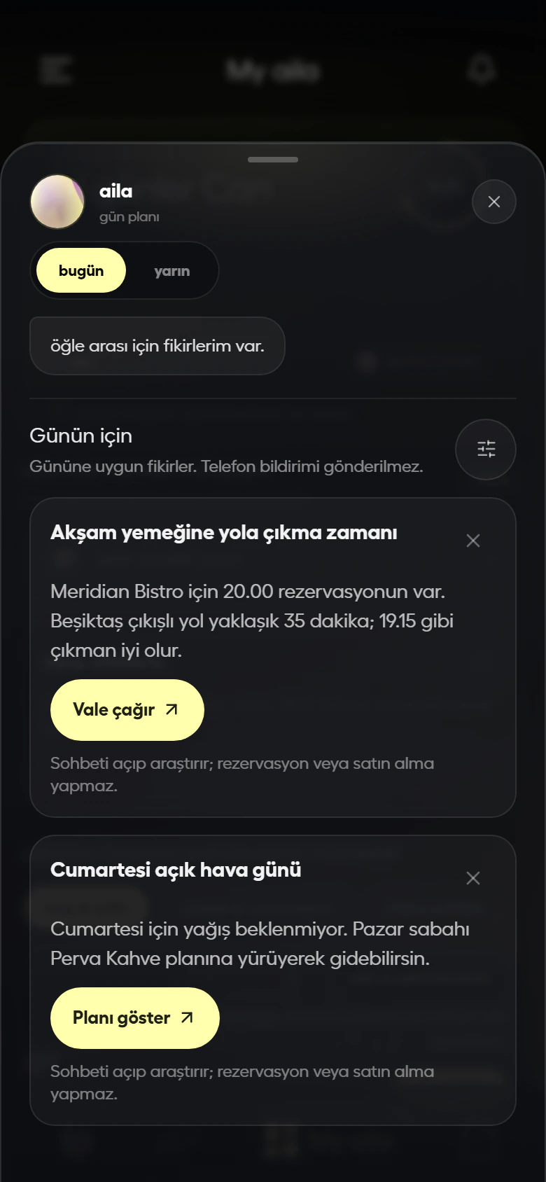 aila uygulamasında Akış ekranı: günün özeti ve sana göre öneriler