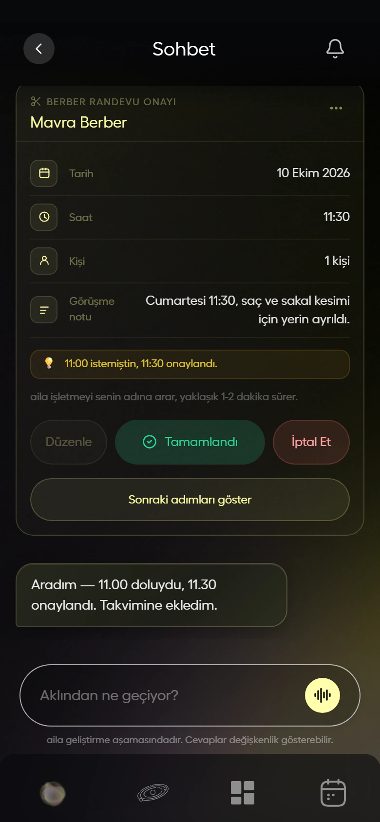 aila uygulamasında Mavra Berber randevu akışı: onay kartı, aranıyor ve sonuç