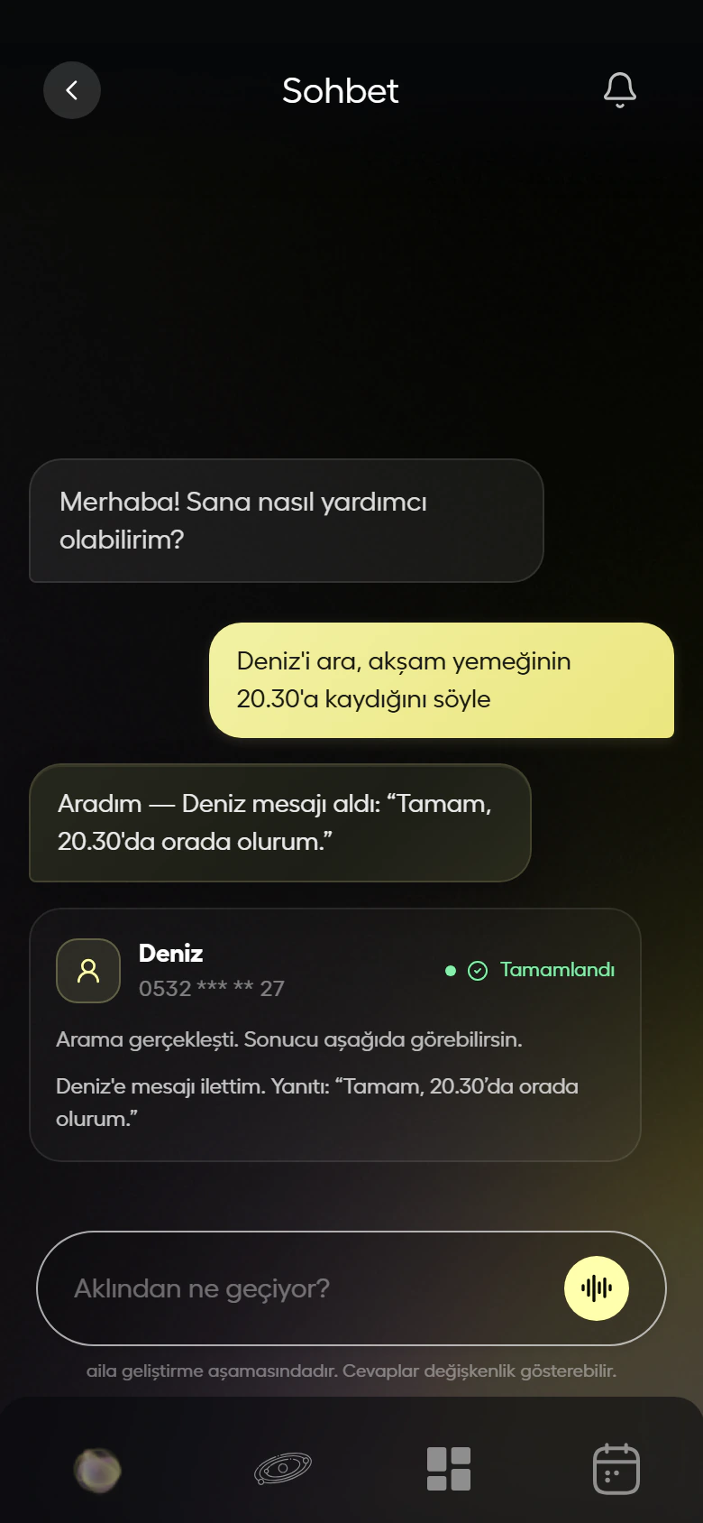aila uygulamasında Deniz’e mesaj araması sonucu ve yanıtı