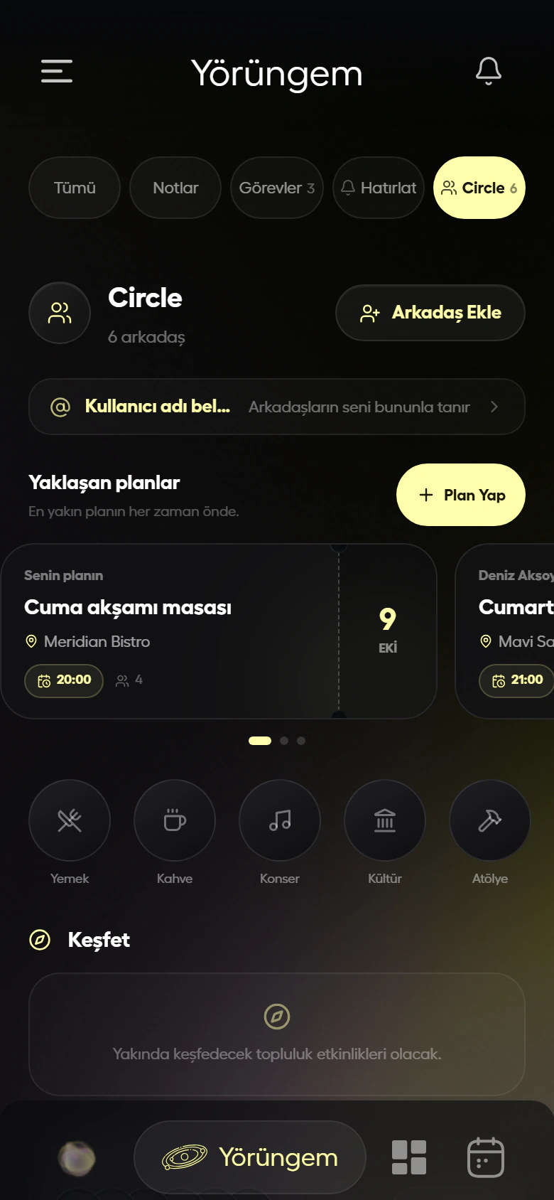 aila uygulamasında Circle ekranı: arkadaşlar ve yaklaşan planlar