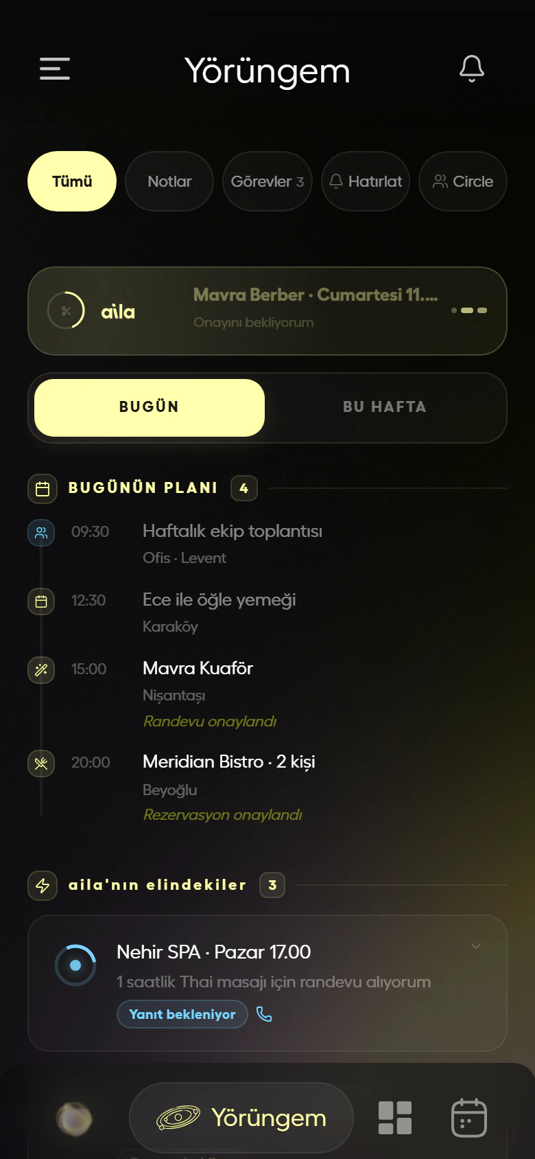 aila uygulamasında Yörüngem ekranı: bugünün planı ve işler